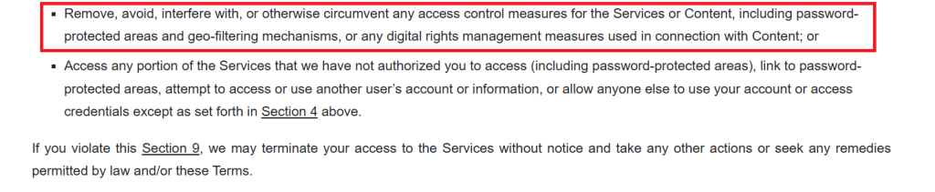 Screenshot of Pluto TV’s Terms of Service highlighting a clause against circumventing geo-filtering and access controls.