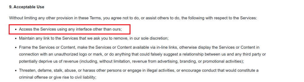 Screenshot of Pluto TV’s Acceptable Use policy highlighting a clause against using unauthorized interfaces