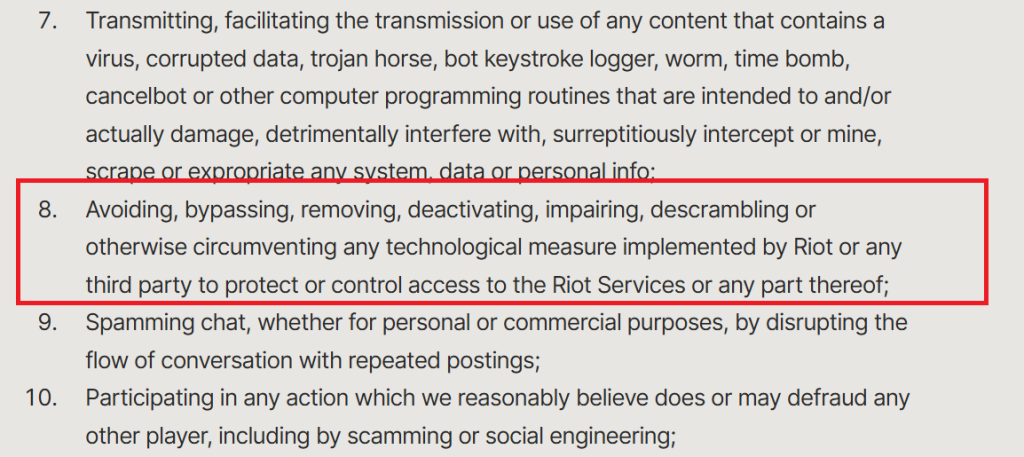 Screenshot of Riot’s Terms of Service highlighting a rule against bypassing technological protections.