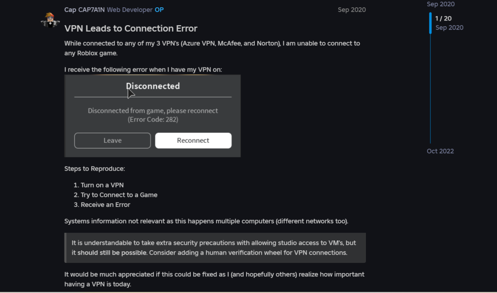 Screenshot of a forum post showing repeated Roblox connection errors (Error Code: 282) when using VPNs like Avast, McAfee, and Norton.