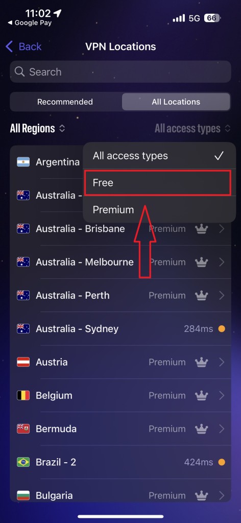 VPN interface showing server access type filter with “Free” selected and latency details for each location.