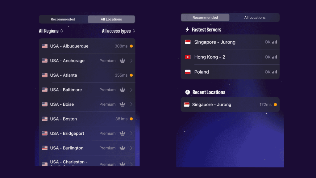 EventVPN server list with U.S. cities, latency indicators, and premium tags.