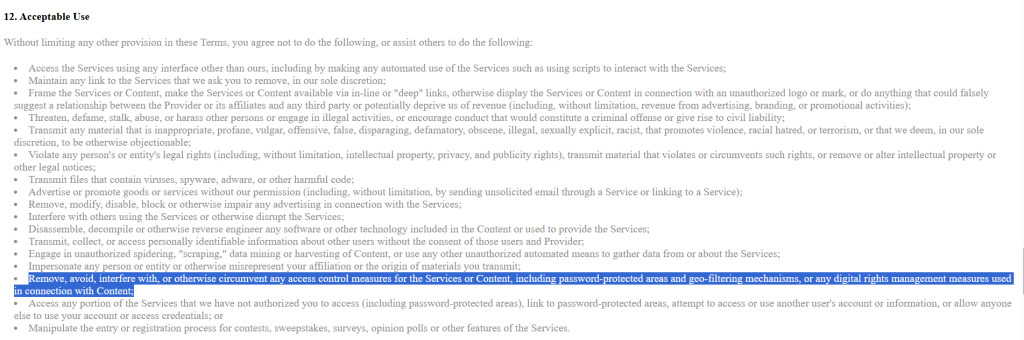 Terms of service section listing prohibited activities including geo-filter circumvention