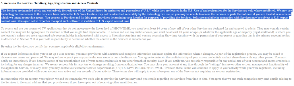 Legal document outlining territorial restrictions and age requirements for accessing services