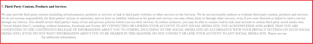 Terms of service section discussing third-party content and social media integrations