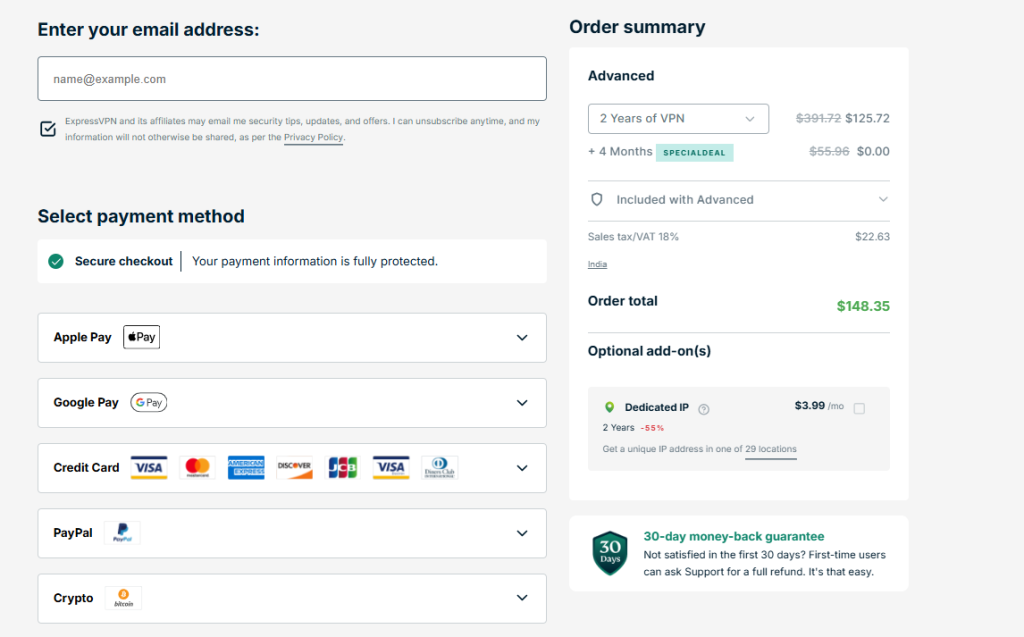 Signing Up for ExpressVPN Free Trial- Type in your email address and select the payment method