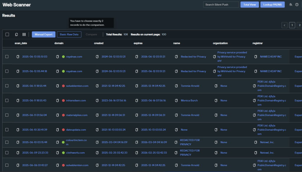 Silent Push Web Scanner WHOIS scanner search patterns  