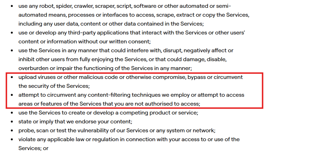 Terms of service section highlighting prohibited actions like bypassing content filters and accessing unauthorized features.