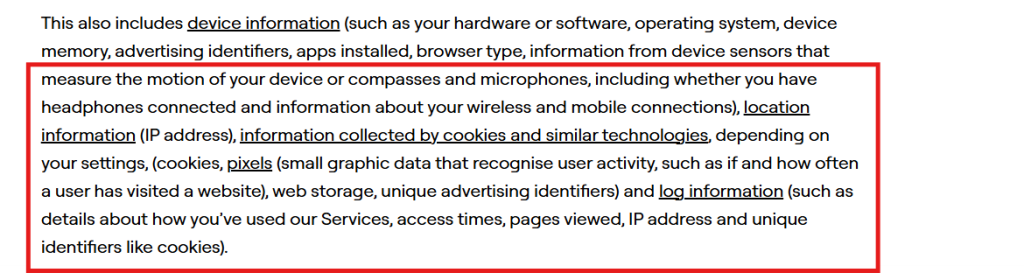 Privacy policy excerpt detailing the types of device data collected, including motion sensors, microphones, cookies, and IP addresses.