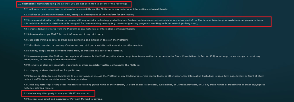 Section of STARZ’s user agreement highlighting restrictions against account sharing and tampering with platform security.