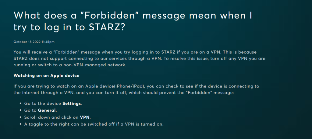 Screenshot of STARZ help article explaining the “Forbidden” login error caused by VPN usage, with steps to disable VPN on Apple devices.