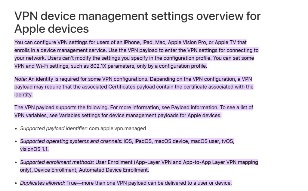 Screenshot of VPN device management settings overview for Apple devices