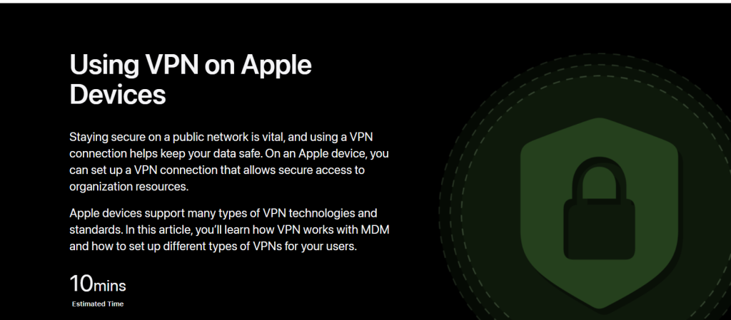 Informational slide titled 'Using VPN on Apple Devices' with a green padlock icon symbolizing security"
