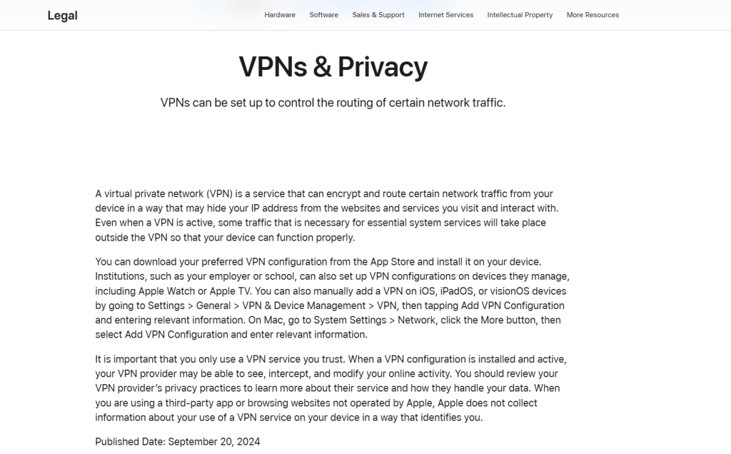 Webpage titled 'VPNs & Privacy' explaining VPN routing and Apple's privacy stance