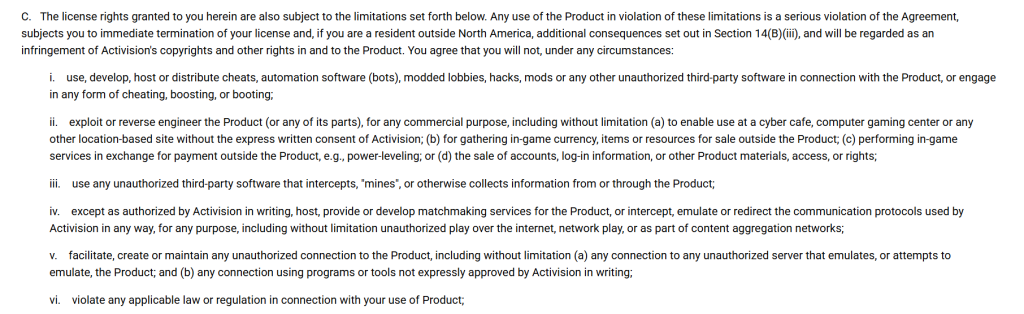 Screenshot of Activision’s license agreement outlining prohibited actions including cheating, unauthorized software use, and VPN-based matchmaking manipulation.