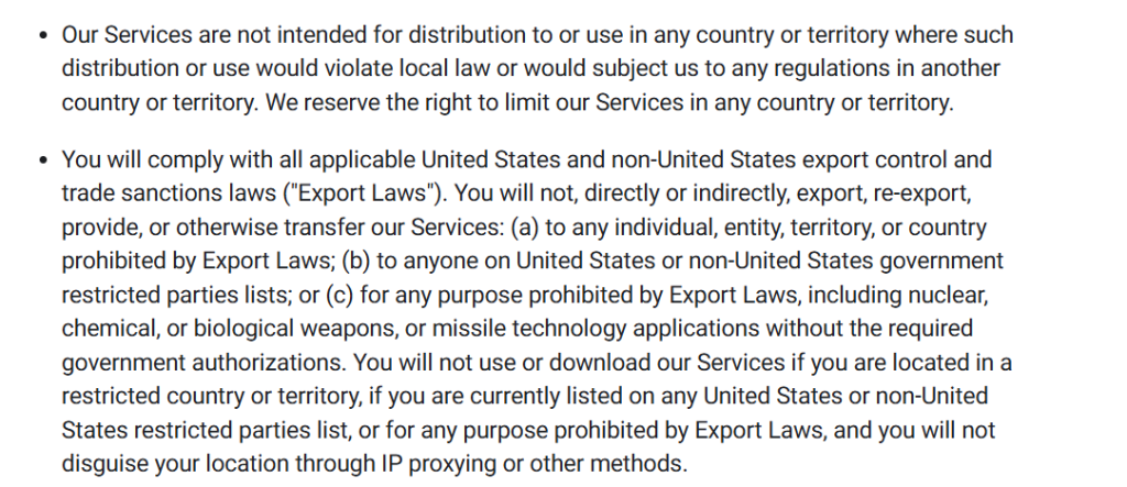 Screenshot of Meta’s export compliance policy outlining restrictions on service use in sanctioned countries and by restricted individuals.