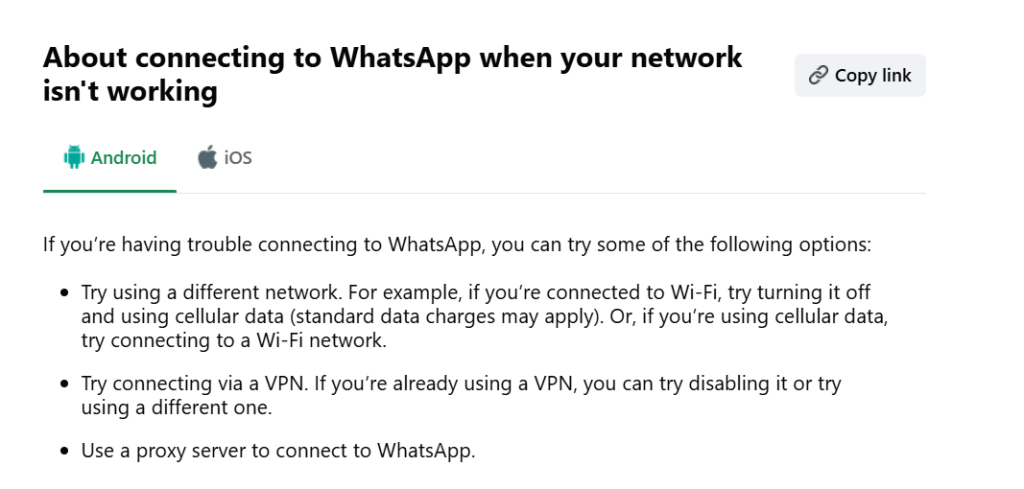 Screenshot of WhatsApp’s help page showing VPNs as a recommended solution for network issues, alongside proxy server options.