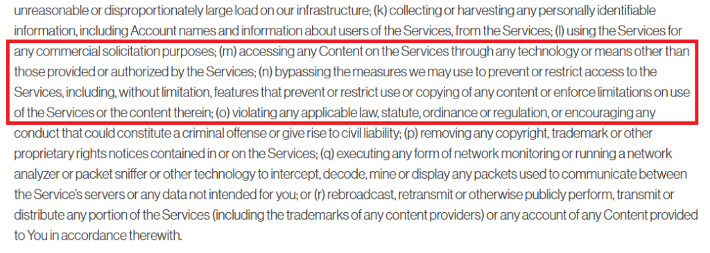 Screenshot of fuboTV Terms and Conditions highlighting restrictions against using VPNs, proxies, or bypassing access controls.