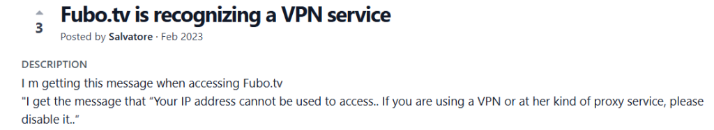 Screenshot of fuboTV community forum post where a user shares the error message received when trying to access fuboTV with a VPN.