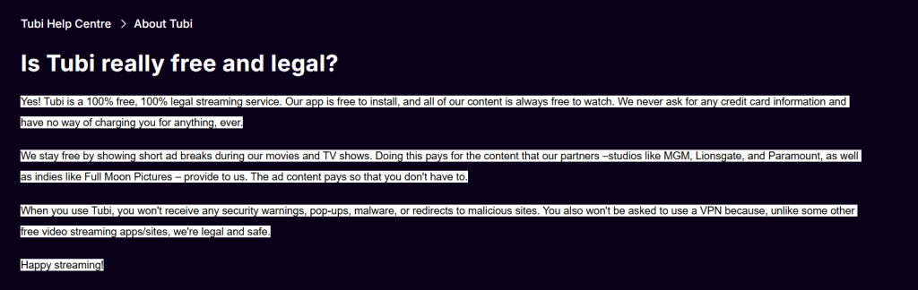 Screenshot from Tubi’s Help Centre explaining that Tubi is a free and legal streaming service with no hidden costs or security risks.
