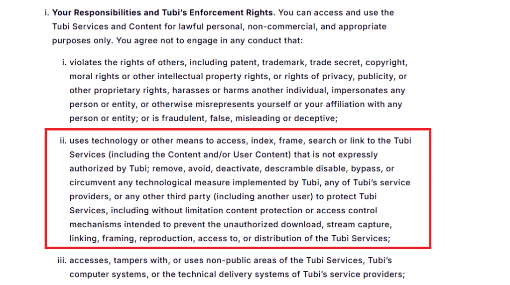 Screenshot of Tubi’s Terms of Service under “Your Responsibilities and Tubi’s Enforcement Rights,” highlighting restrictions on unauthorized access and circumvention.