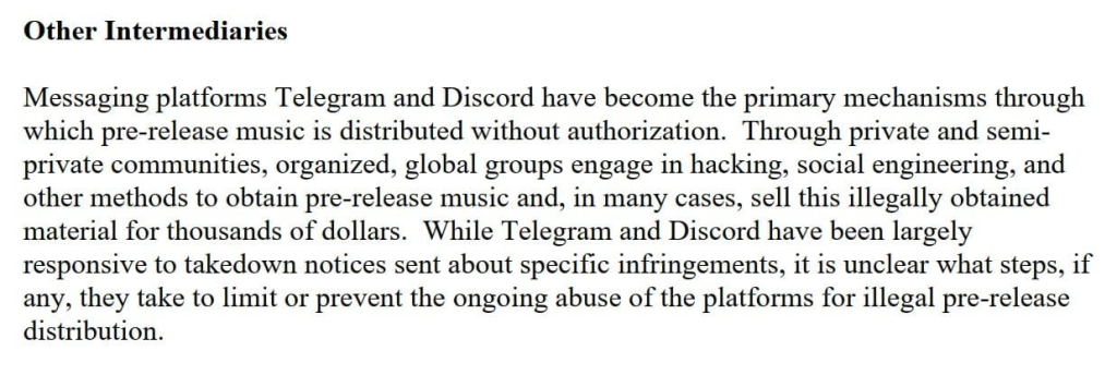 RIAA’s submission lists Telegram and Discord
