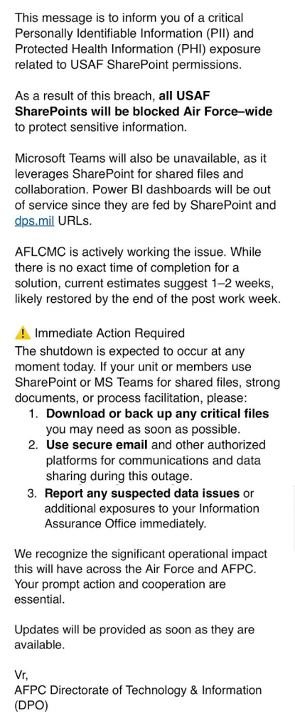 Unconfirmed alert allegedly from Air Force Personnel Center