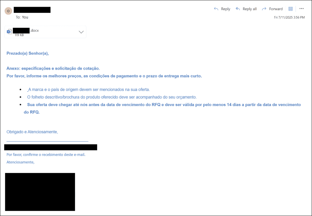 Phishing email containing malicious OLE document with Portuguese language content requesting a financial quote