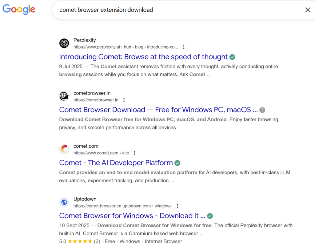 Fake download sites appearing on search engines targeting Comet Browser by Perplexity