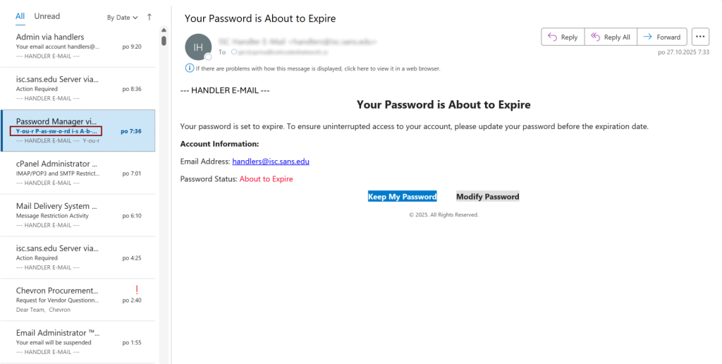Example of phishing email with hidden subject line characters 