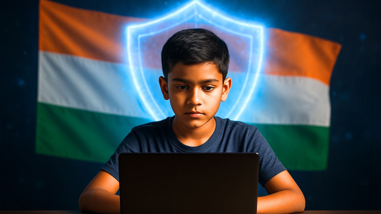 Boy - Laptop - Shield - India Flag