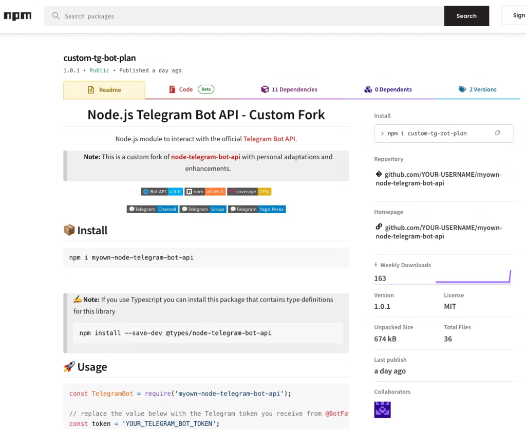 Package custom-tg-bot-plan presents like a legitimate SDK on its npm page 