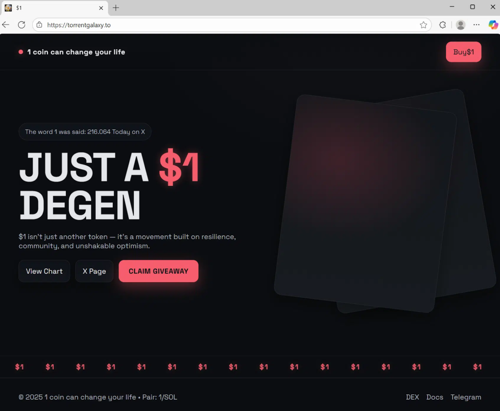 TorrentGalaxy domain promoting memecoin