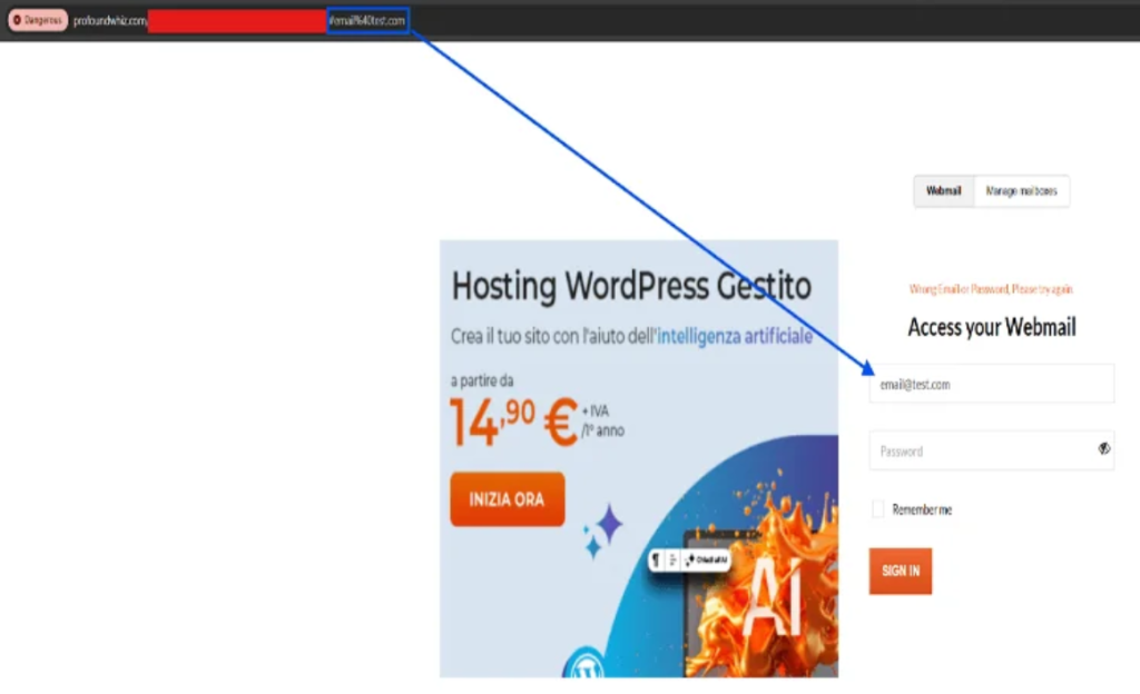The phishing page mimics the official Aruba.it webmail login portal 