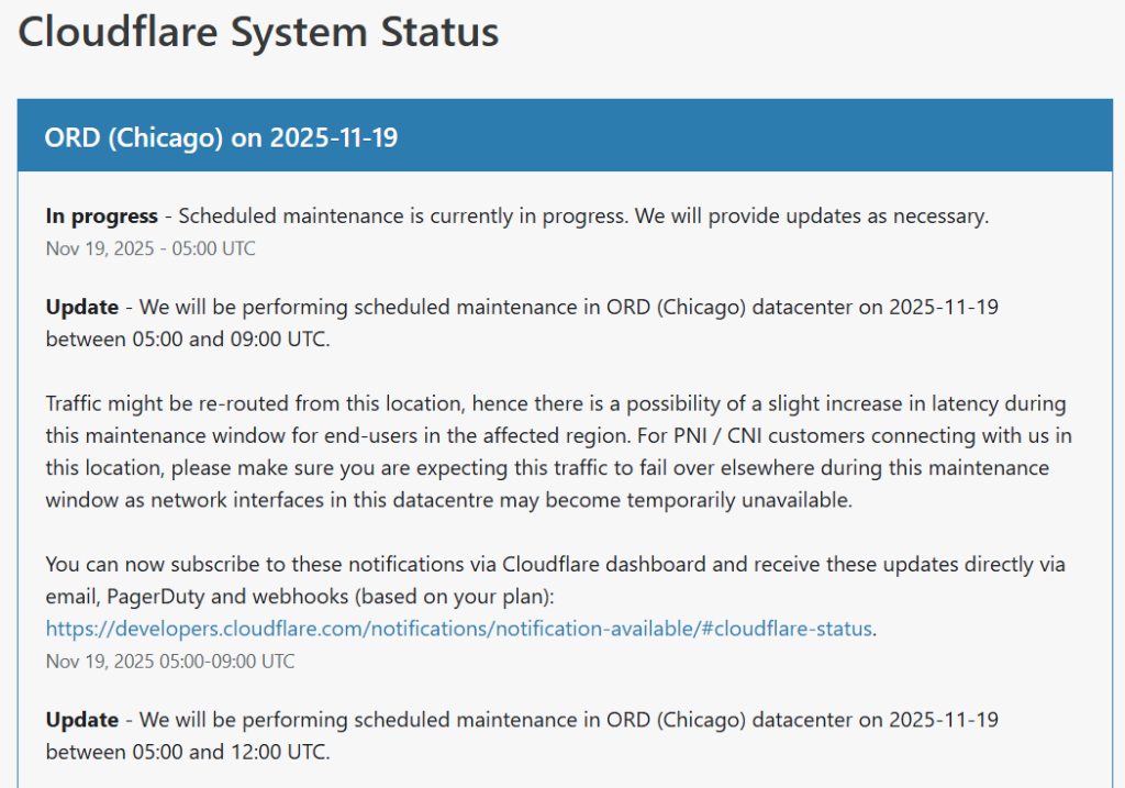 Cloudflare status announcement