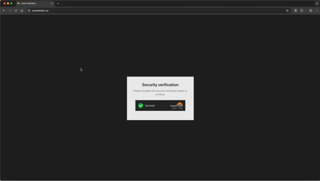 The user must pass a bot protection check to load the phishing page