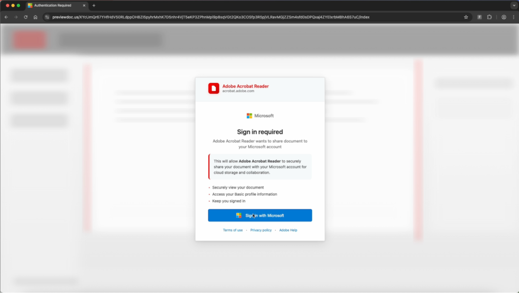 The user is prompted to “Sign in with Microsoft” as part of the phishing lure 