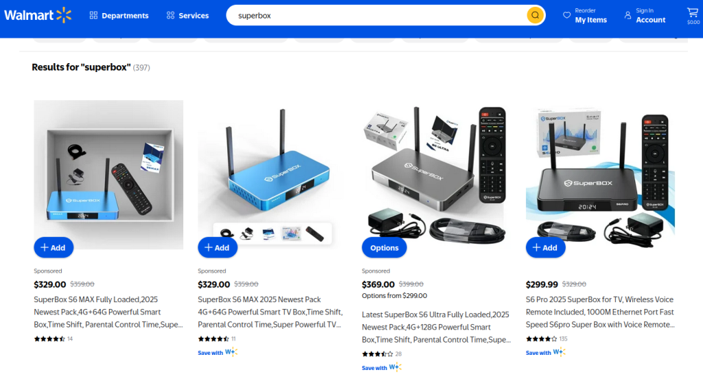 Superbox media streaming boxes for sale on the Walmart website