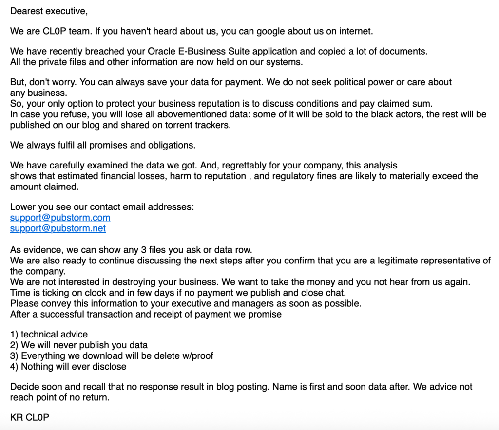Cl0p extortion email sent to victim executives