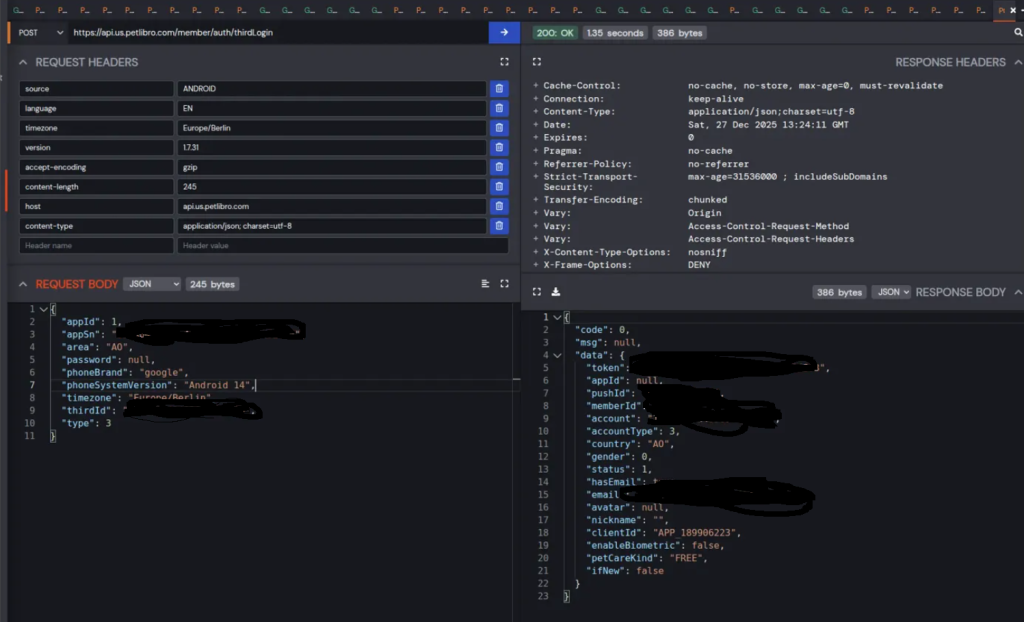 Full session token, member ID, email, and everything needed to access the account