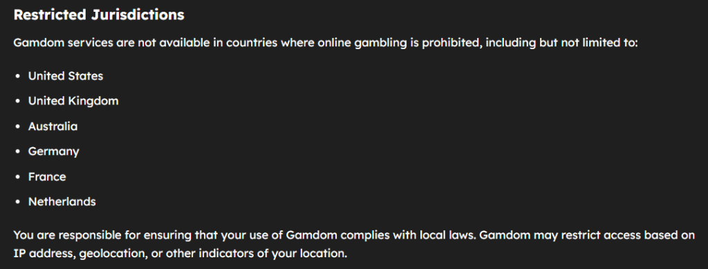 Screenshot of Gamdom’s restricted jurisdictions notice, listing countries like United States, United Kingdom, Australia, Germany, France, and Netherlands. Includes disclaimer about user responsibility and location-based access restrictions.