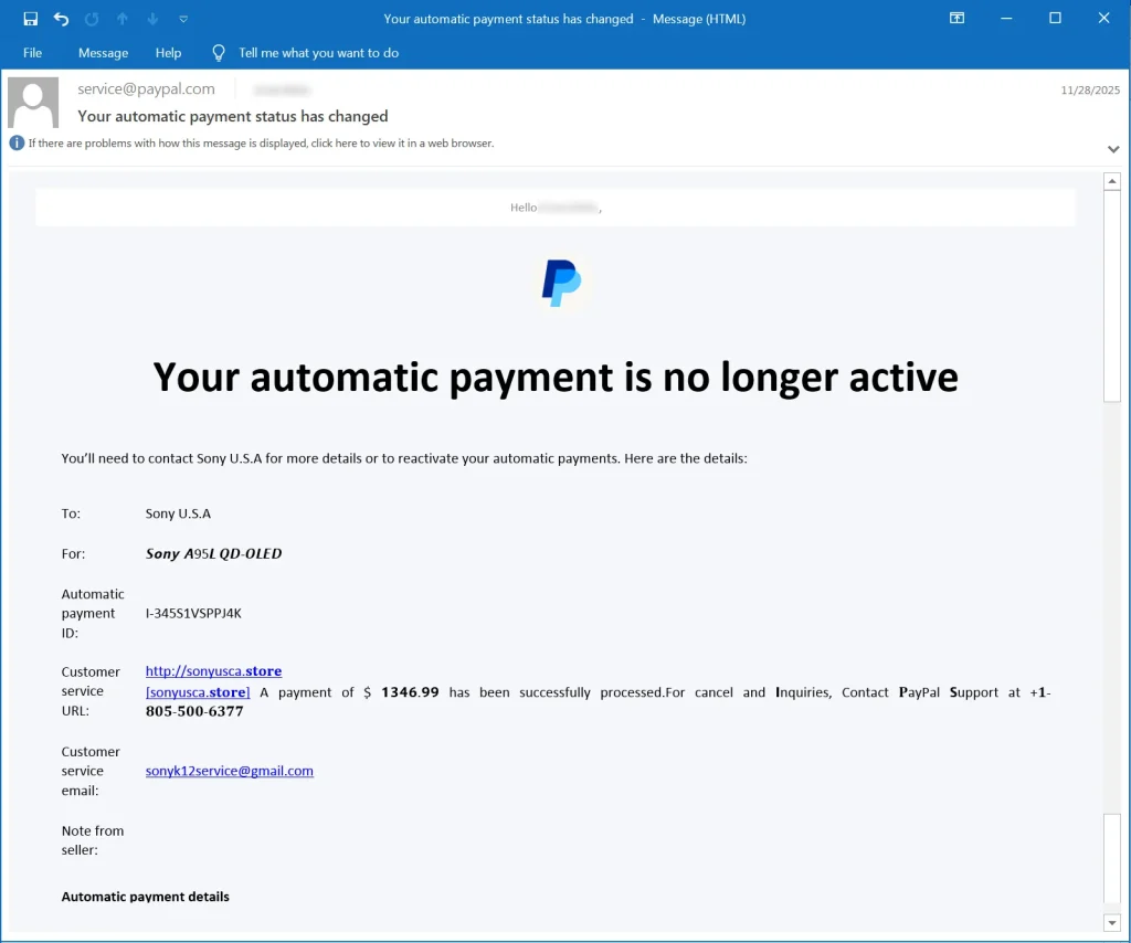 PayPal subscription email used in scam