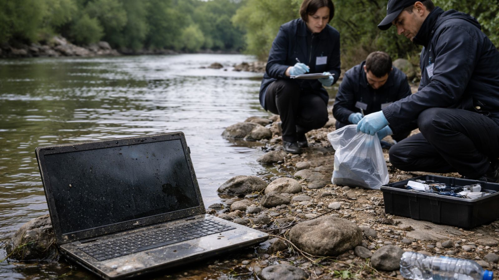 Riverbank – Laptop – Investigators – Evidence bags
