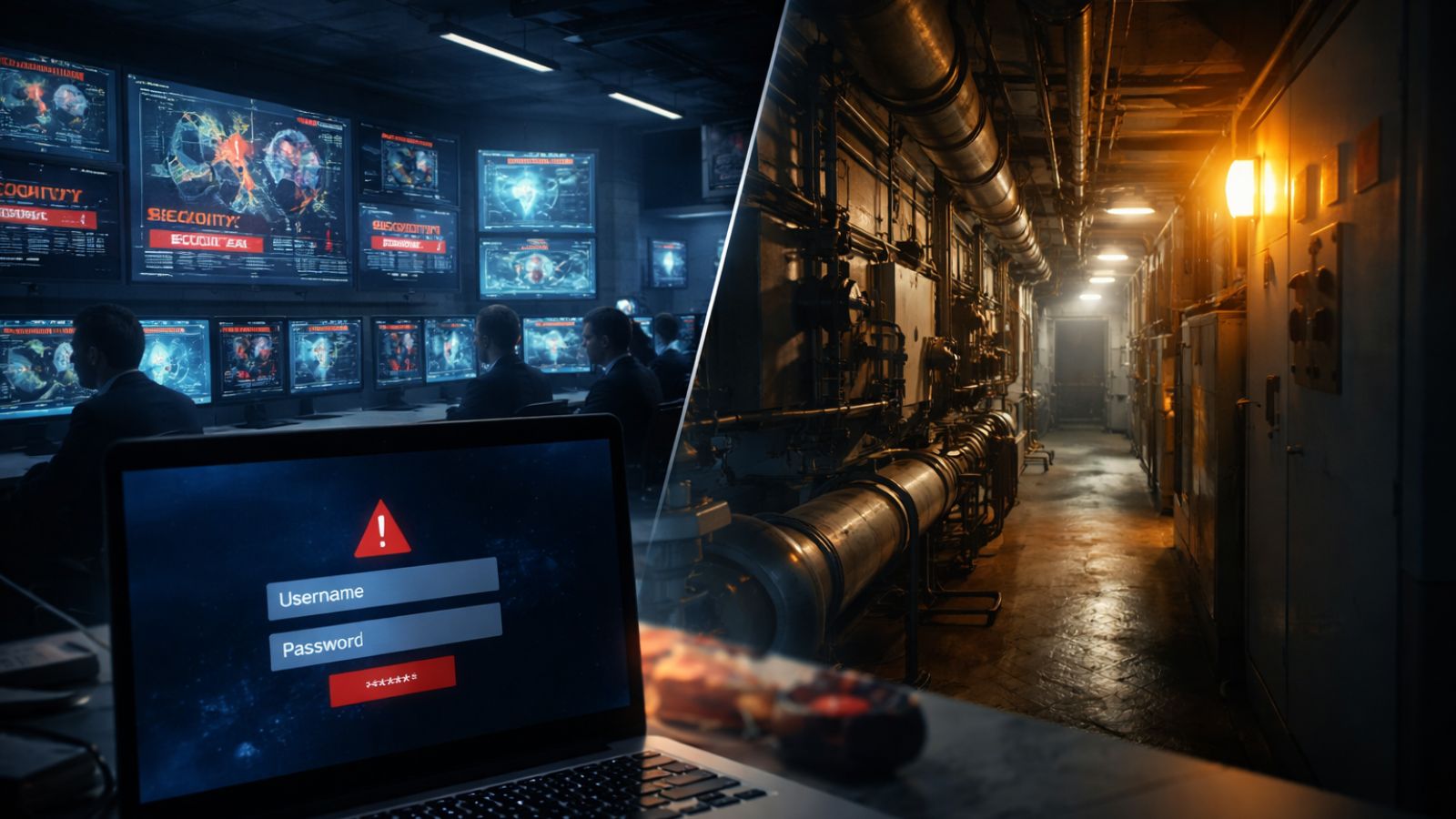 Workstations - Laptop - Login - Industrial Water Treatment Corridor - Pipes