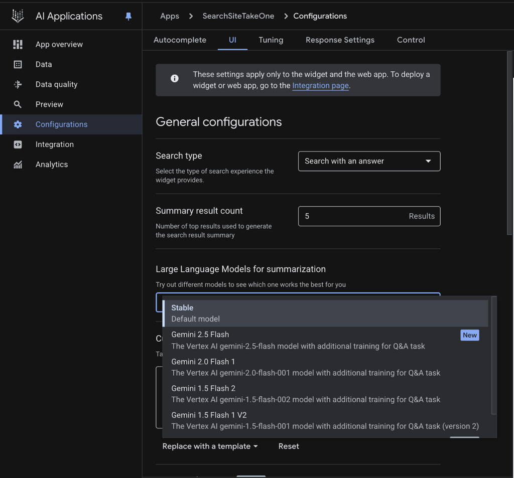 Google Gemini Enterprise Configurations tab to select the model