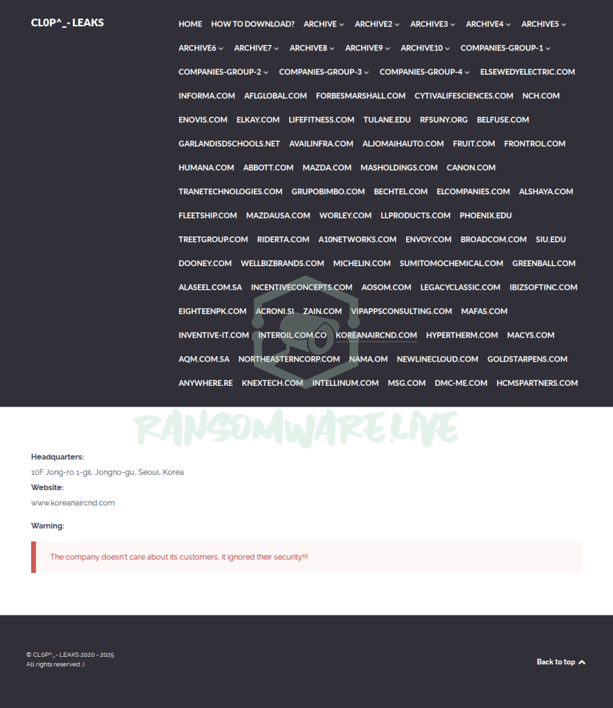 Cl0p claims Korean Air CND website
