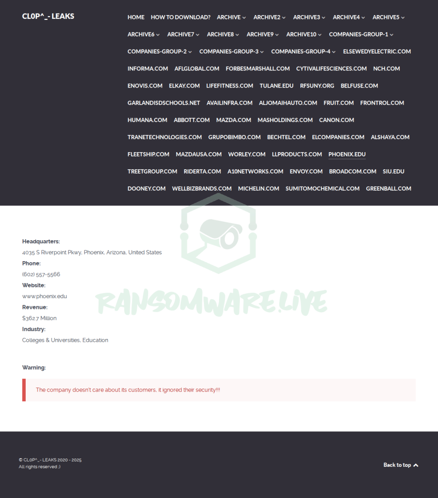 Cl0p claims Phoenix University