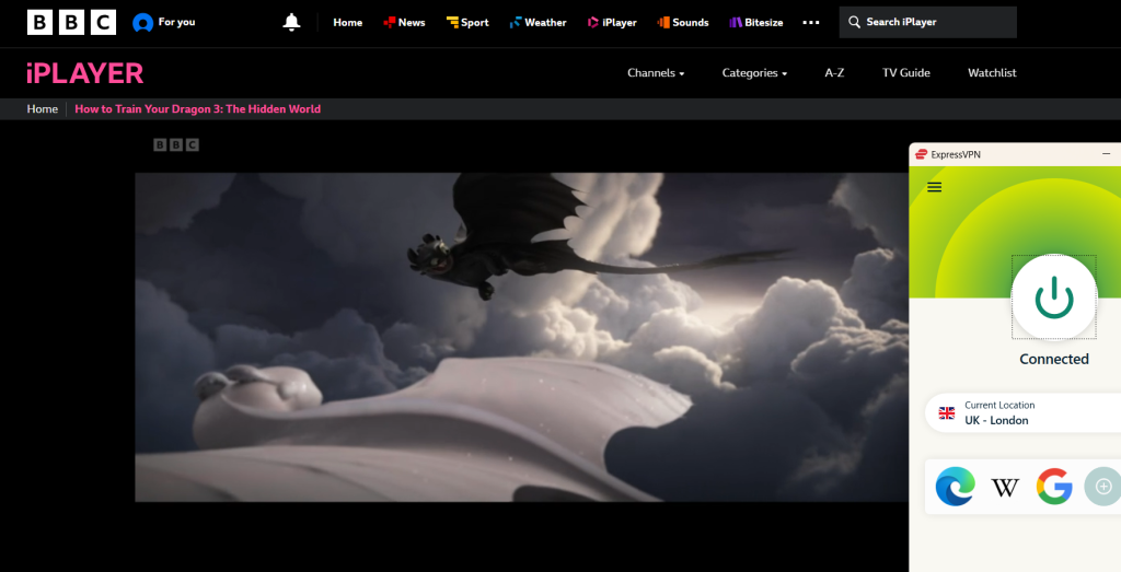 BBC iPlayer streaming successfully while connected to ExpressVPN’s UK London server