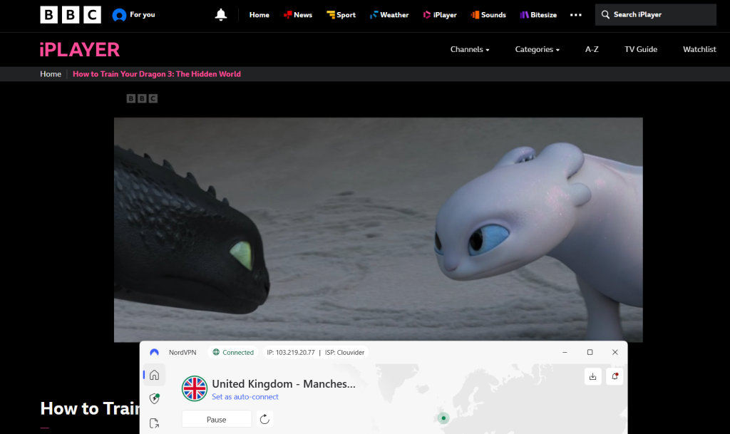 BBC iPlayer streaming successfully while connected to NordVPN’s UK Manchester server