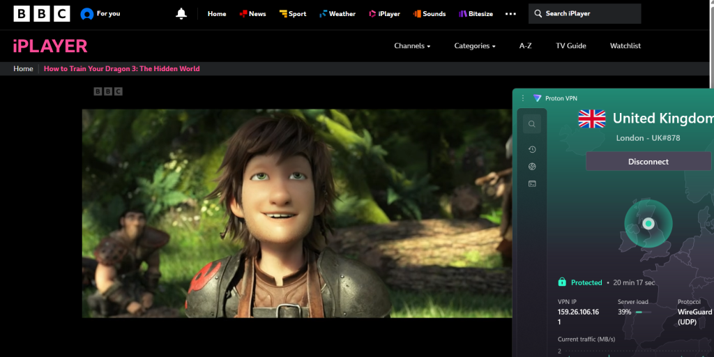 BBC iPlayer streaming successfully while connected to Proton’s UK London server